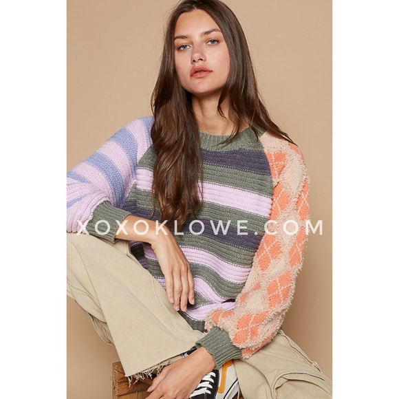 POL Olive Pink Stripped Balloon Sleeve Sweater Relaxed Fit - Picture 4 of 13